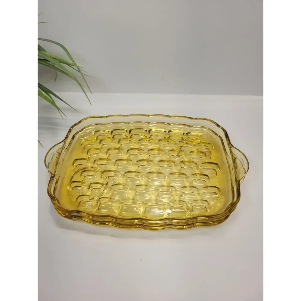 2 Vintage Federal Glass Yorktown Amber Snack Trays MCM Thumbprint (Flea Bites)